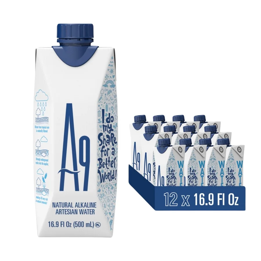 A9 Natural Alkaline Artesian Water carton and 12-carton case