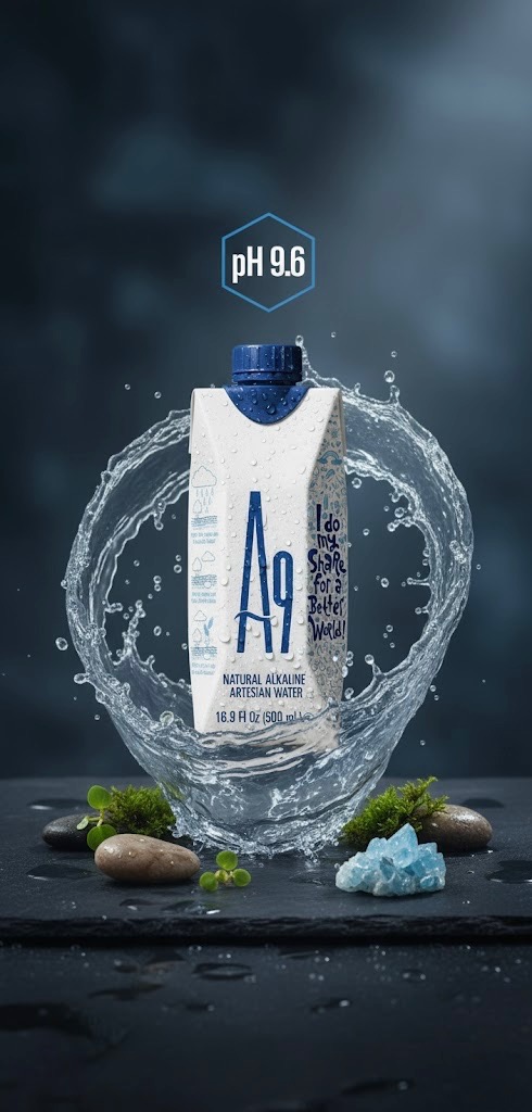 A9 alkaline water carton in a crown of splashing water