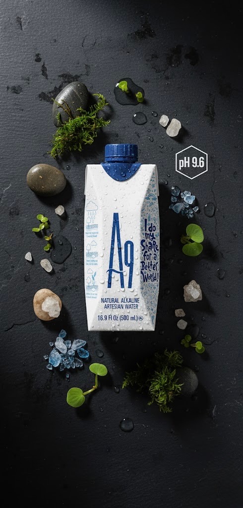 A9 carton surrounded by dark stones and bright botanicals